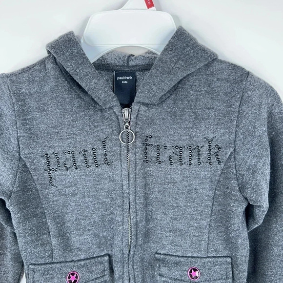Paul Frank Gray Kids Hoodie Fleece Full Zip Embellished Pocket Front Y2K Size 6 - Picture 3 of 5